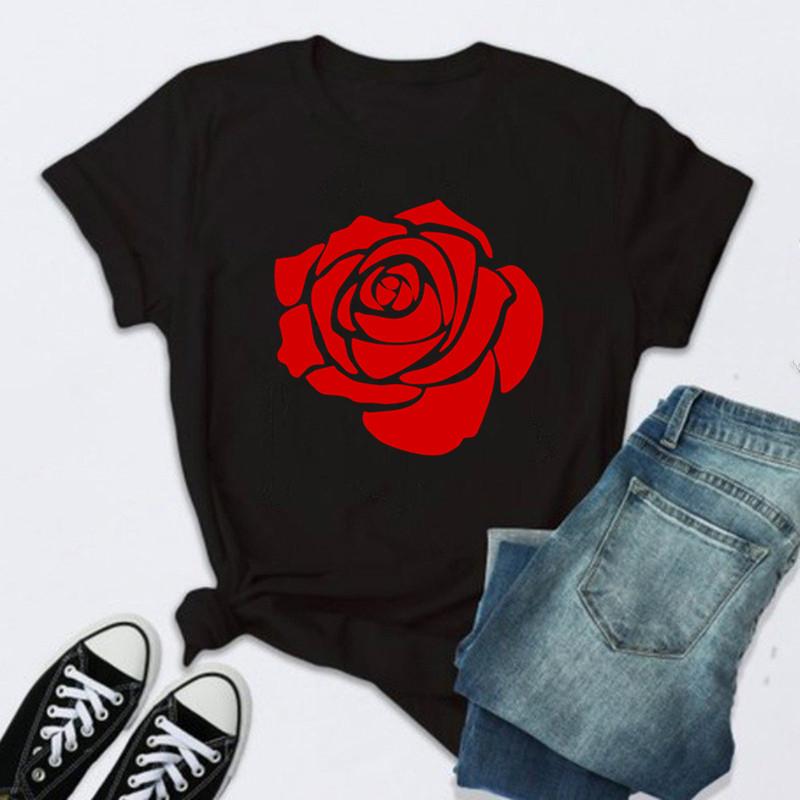 Women Rose Print Black T Shirt Female 2026 Valentine New Tshirt Fashion Short Sleeve Tee Tops Harjauku Cute Tshirt Graphic Y2K