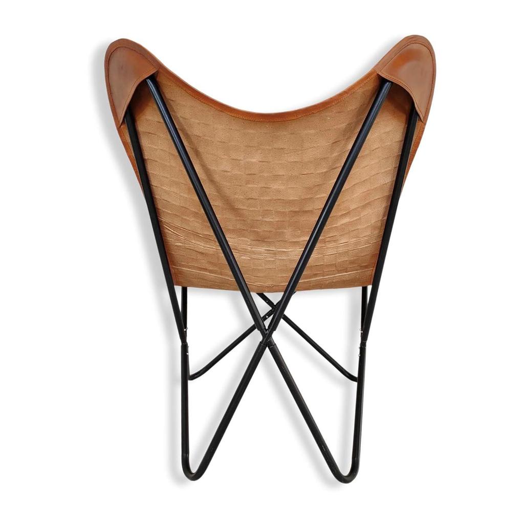 Leather Living Room Chairs-Leather Butterfly Chair-Hand Weaved Tan Brown Leather Butterfly Chair-Handmade with Black Powder Coated Folding Iron Frame.