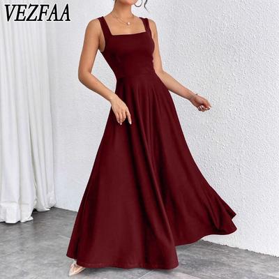Moda feminina verão primavera cor sólida estampa sem mangas gola quadrada cintura alta vestidos casuais