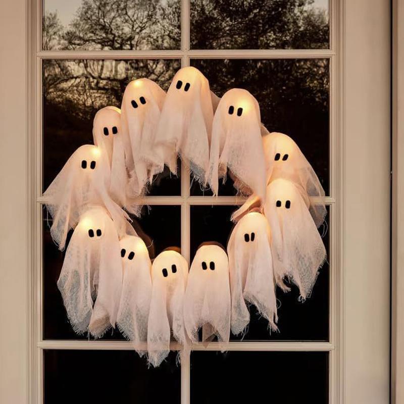 Halloween Ghost Wreath, 12 Led Light-Up White Ghost Garland, Spooky Indoor & Outdoor Hanging Decoration For Front Door, Wall