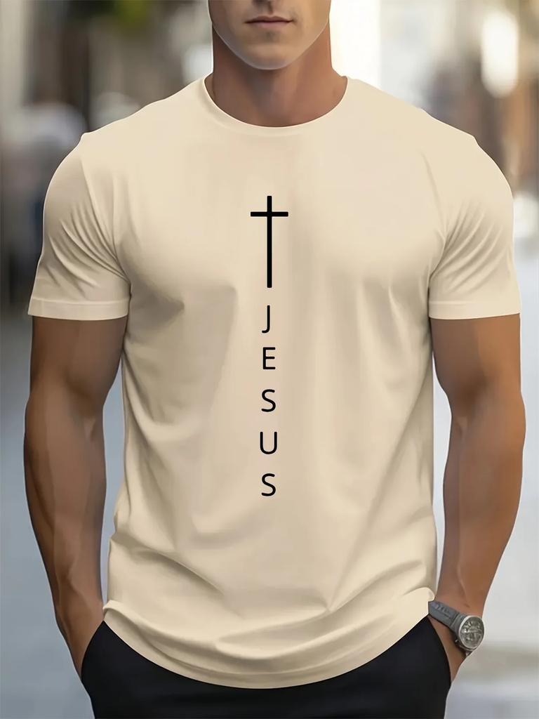 Mens Summer 100 Cotton Fashionable Casual Loose Large Cross and Jesus Letter Printed Sports Round Neck Short Sleeve Tshirt Top