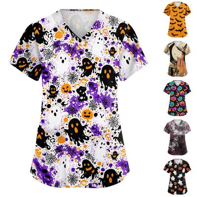 Women's V-Neck Short Sleeve Scrub Top with Pockets Halloween Print for Work