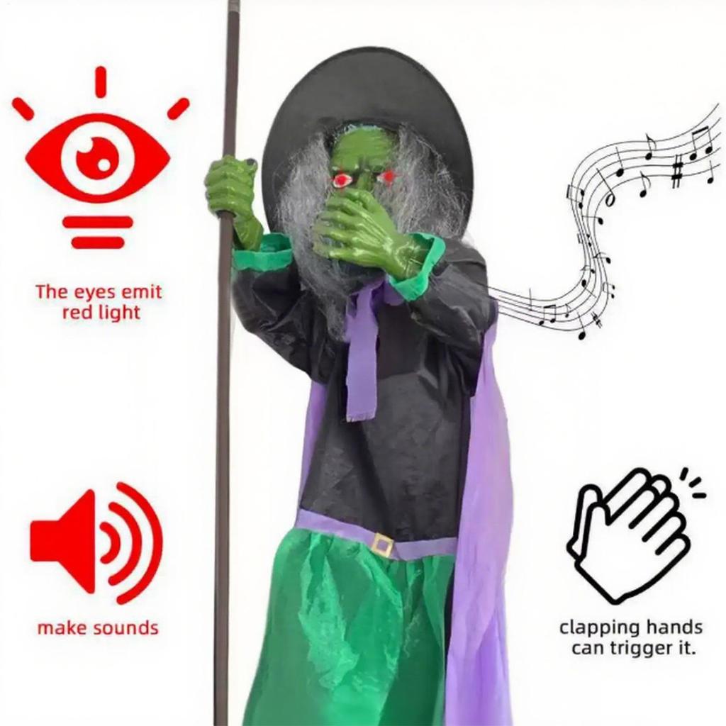 Witch On Broom Decoration 9.84Ft Sound Activation Broom Halloween Animatronic Witch Spooky Home Decor For Holiday Walkway