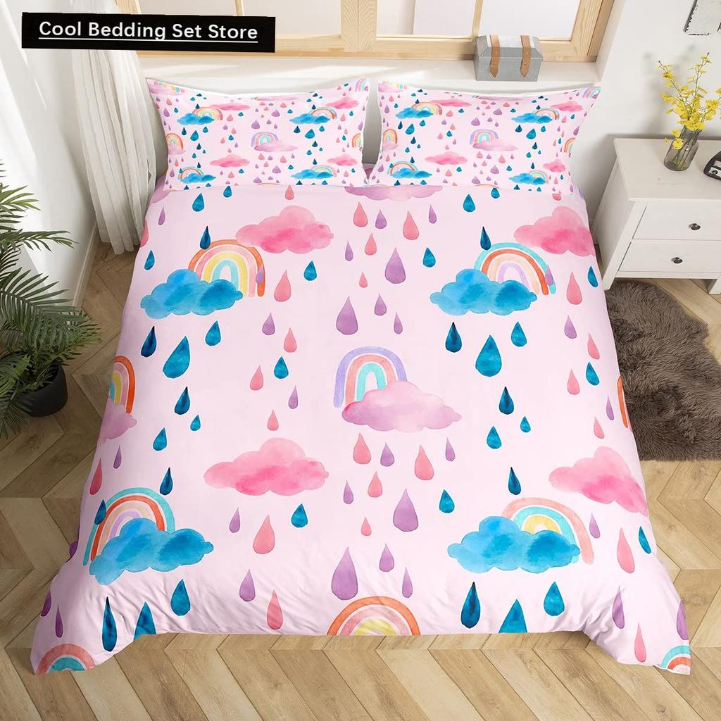 Cartoon Regenbogen König Königin Bettbezug Kinder Mädchen Bunte Wolken Bettwäsche Set Liebesherz Bettdeckenbezug Polyester Steppdeckenbezug