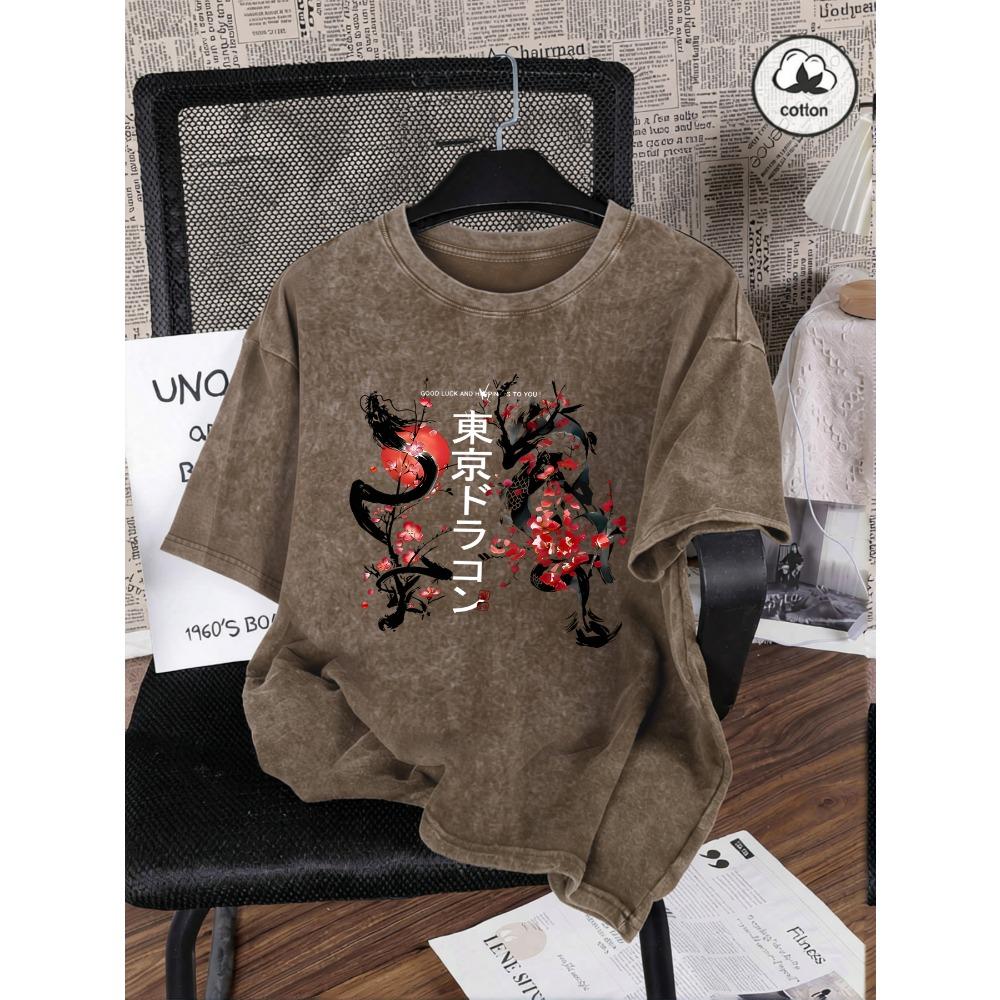 Tokyo Harajuku Dragon Cherry Blossom Print Women Washed T-Shirts Summer Cotton T Shirt Loose Short Sleeves Vintage Clothes