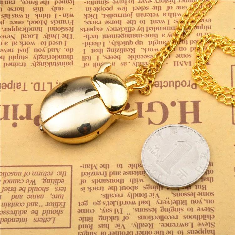 Seven-Star Ladybug Retro Beetle Necklace: Cute Carton Pocket Watch with Flip Cover for Kids