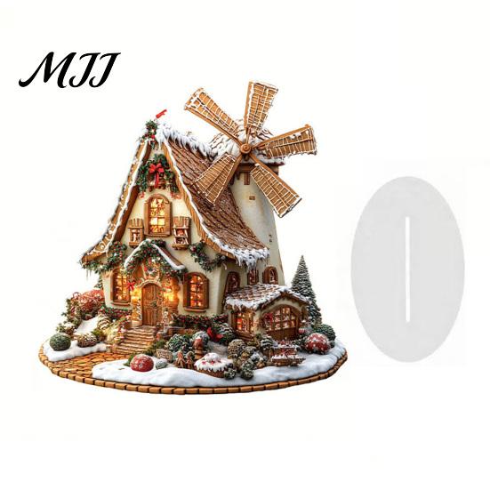 Waterproof Acrylic Holiday Crafts Gingerbread Log Cabin Ornament, 2D Table Decoration, Standing Christmas Ornaments Double Sided for Home Party