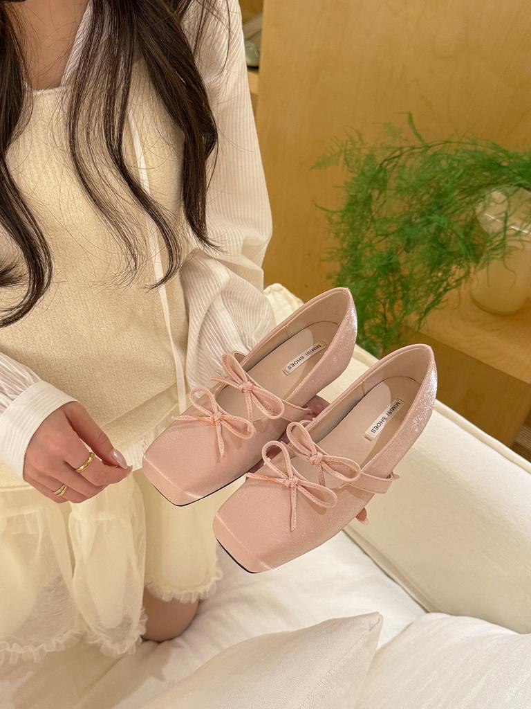 "Cream Cherry Blossom Powder" Girly Bow Inner Height Increase Single Shoes Women's Shallow Mouth Versatile Casual Mary Jane Shoes