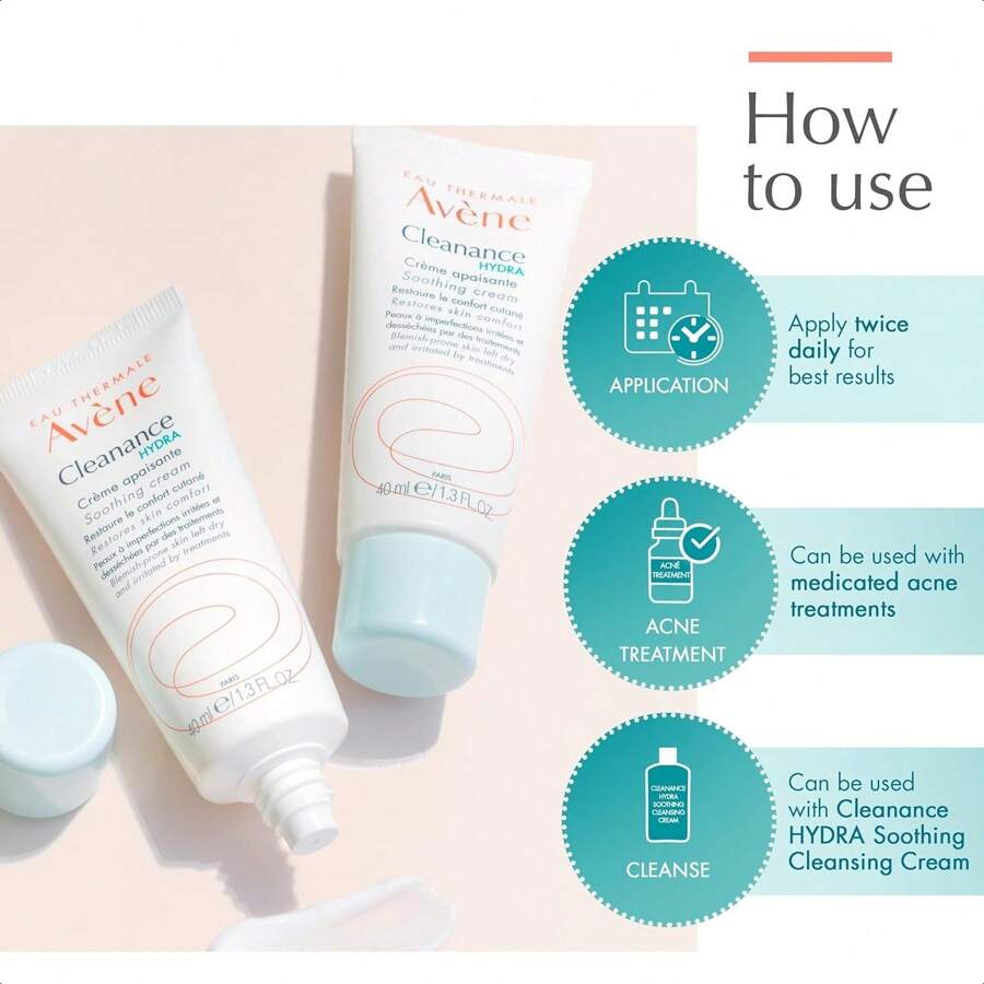 Avene Cleanance HYDRA Soothing Cream, Rich Moisturizer, Adjunctive Care For Drying Acne Treatments