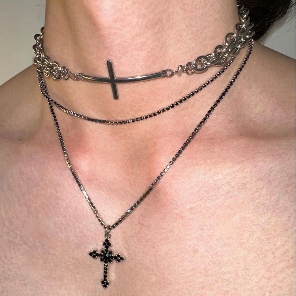 Punk Grunge Black Cross Pendant Multi-layer Chain Choker Necklace For Men Women Rock Hip Hop Street Vintage Y2K Goth Accessories