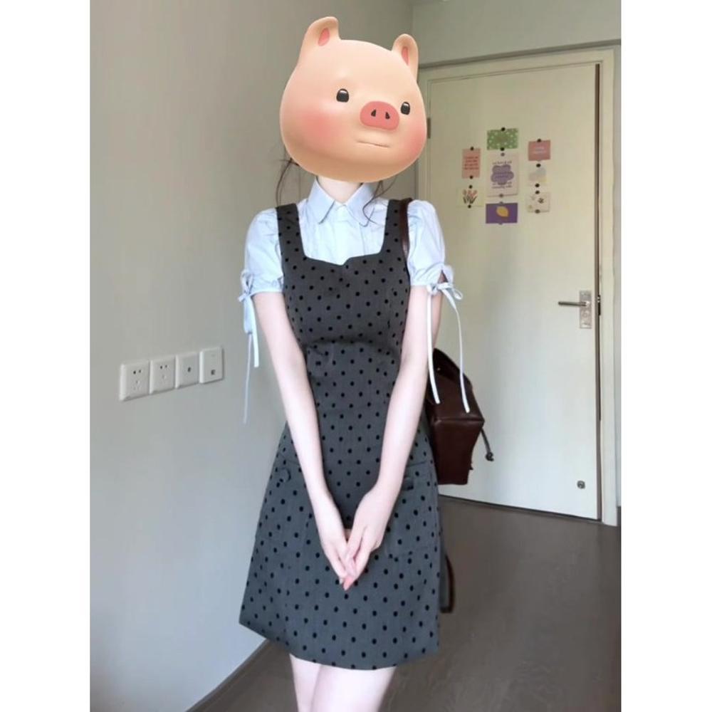 Petite dress, courtyard style suit, polka dot slip dress, women, New Summer, short sleeves, strappy shirts, women