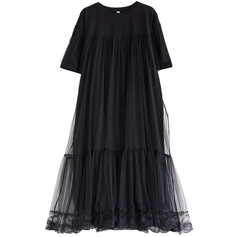 

С коротким рукавом, большие размеры, черное хлопковое сетчатое винтажное новое платье для женщин, повседневное свободное длинное летнее платье