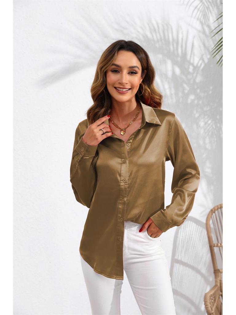 European & American Women's Long Sleeve Satin-Cotton Shirt - Solid Color, Spring & Autumn Bestseller
