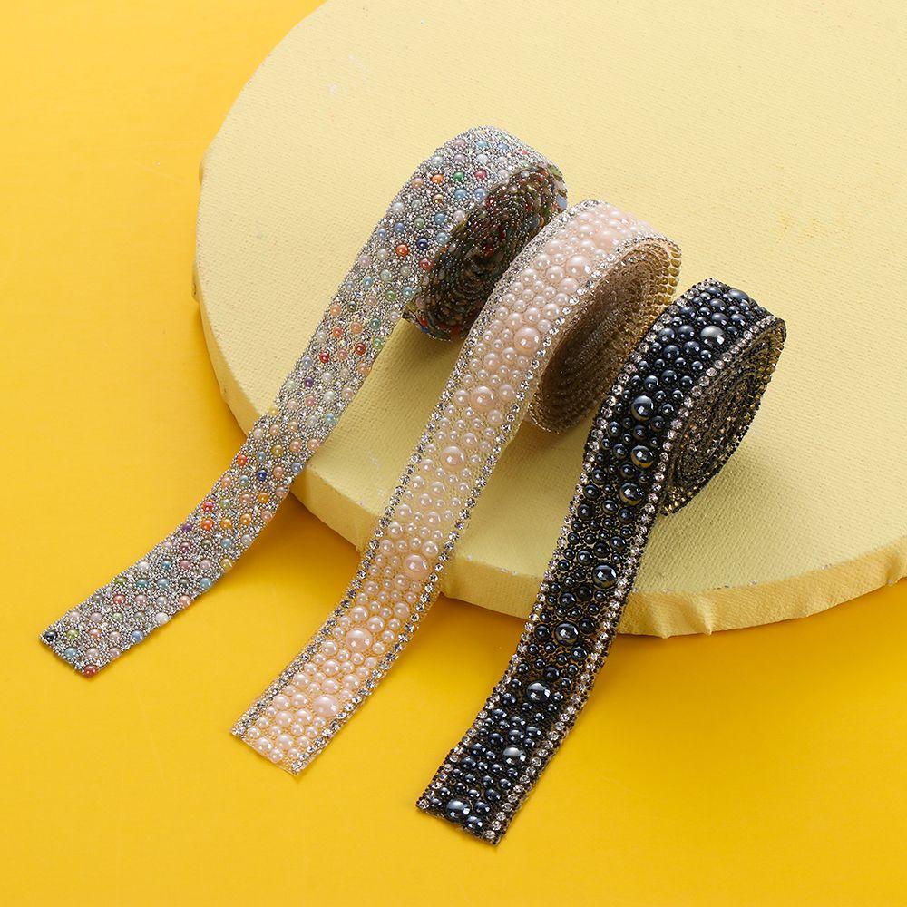 1Yard ABS Round Pearl Rhinestone Trim Hot Fix Crystal Banding Applique Trimming Iron-on Wedding Dress Clothing Fabric Accessory