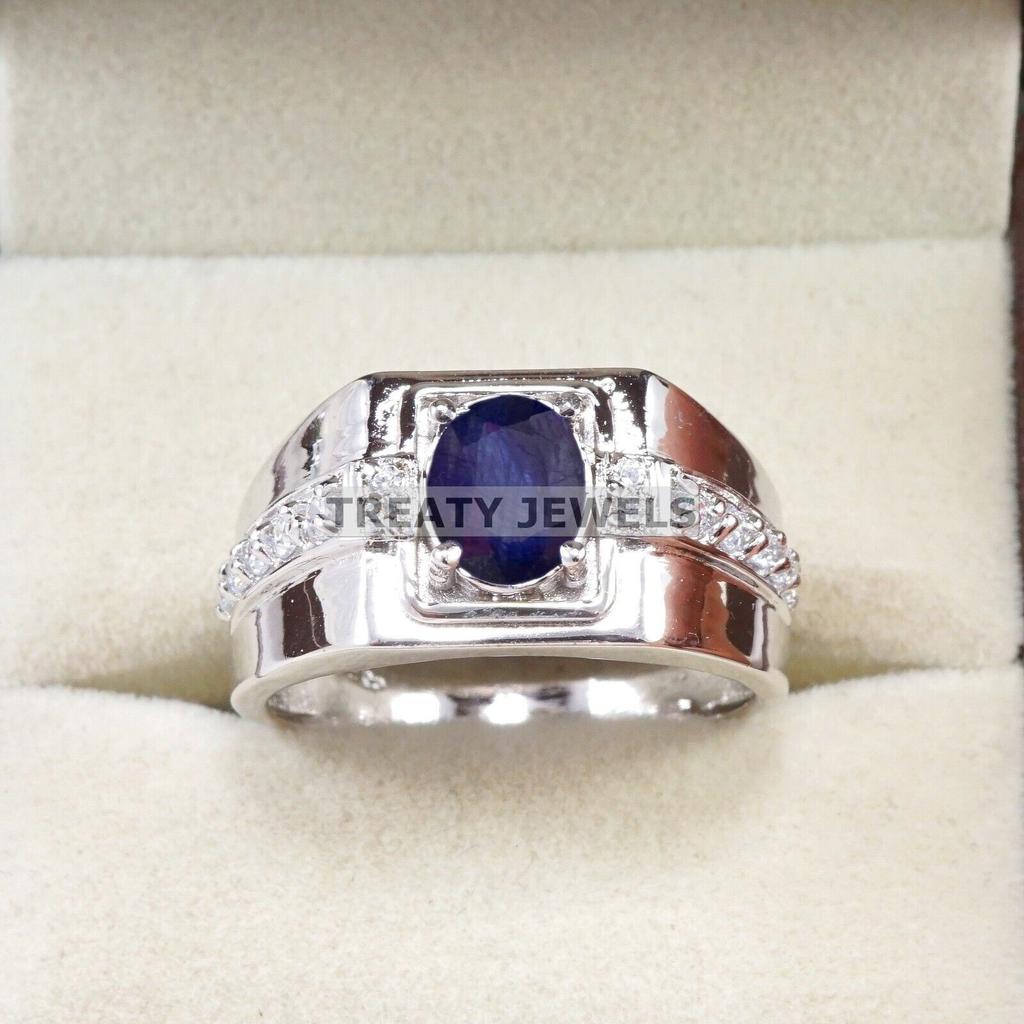 Blue Sapphire Oval Cut Gemstone With 925 Sterling Silver Ring For Men's #B607 JL375686497695