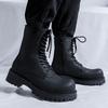 men's fashion high motorcycle boots black stylish platform shoes lace-up genuine leather boot stage nightclub long knight botas