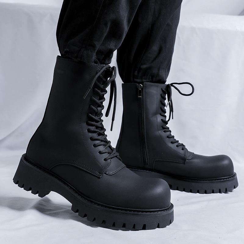 men's fashion high motorcycle boots black stylish platform shoes lace-up genuine leather boot stage nightclub long knight botas