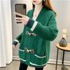 Herbst Damen V-Ausschnitt Farbkontrast Strickjacke Pullover Mantel Ochsenhornknopf Locker Kringel Vielseitig