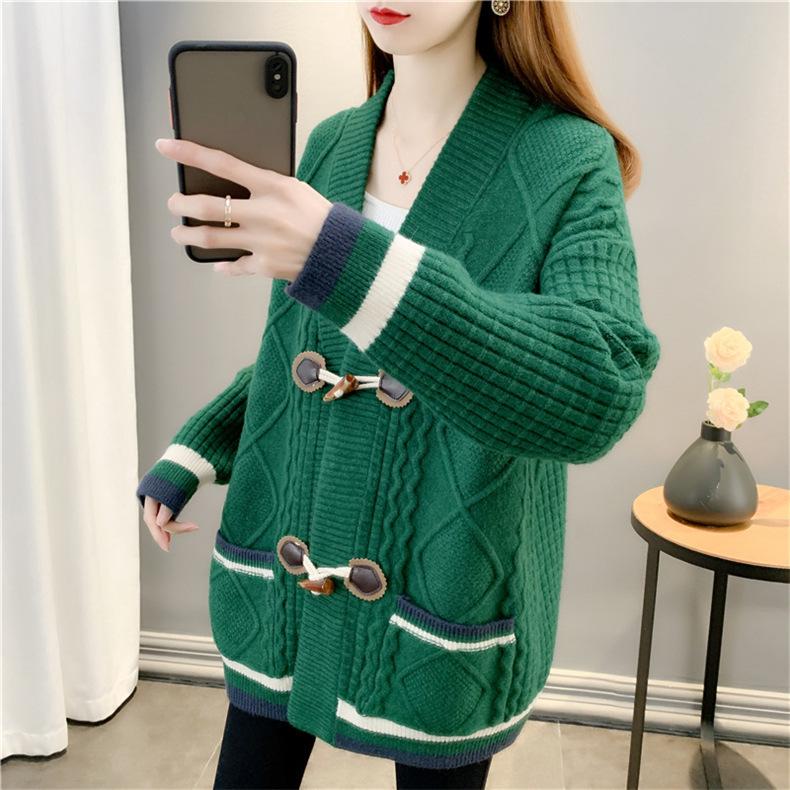 Herbst Damen V-Ausschnitt Farbkontrast Strickjacke Pullover Mantel Ochsenhornknopf Locker Kringel Vielseitig