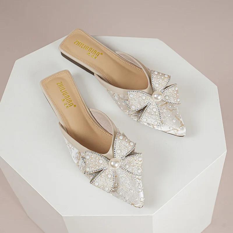 New Women Shoes Fashion Slipper Slik Upper Pointed Toe Bowknot Casual Sandals Ladies Match Dress Flat Slides