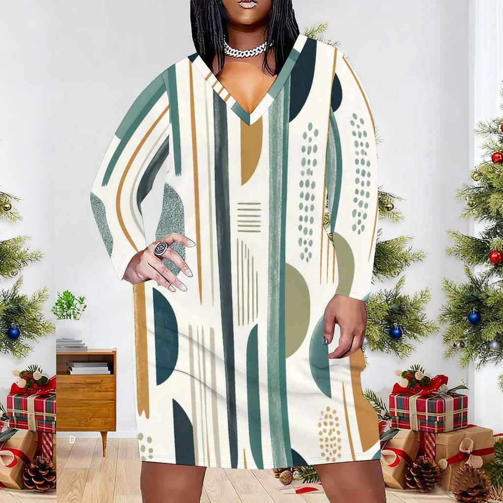 Women Plus Size V Neck Long Sleeve Printed Straight Midi Dress