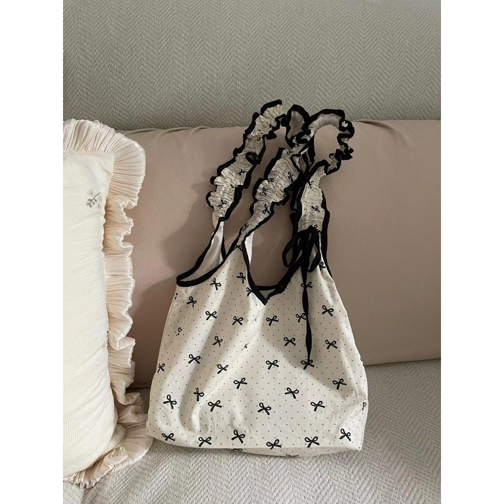 Ielgy Niche Bow Polka Dot Canvas Bag Sweet Drawstring Pleated Handbag Student Commuter Shoulder Bag