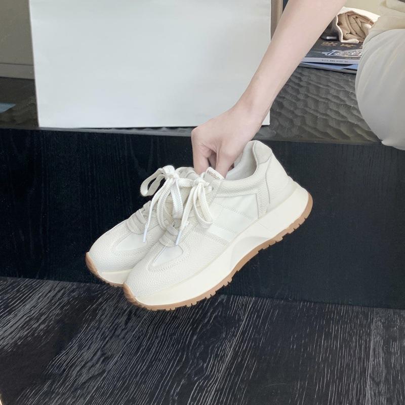 Grape mother same leather dad shoes women's round head splicing casual sports shoes stepping on shit feeling thick-soled lace-up German training shoes