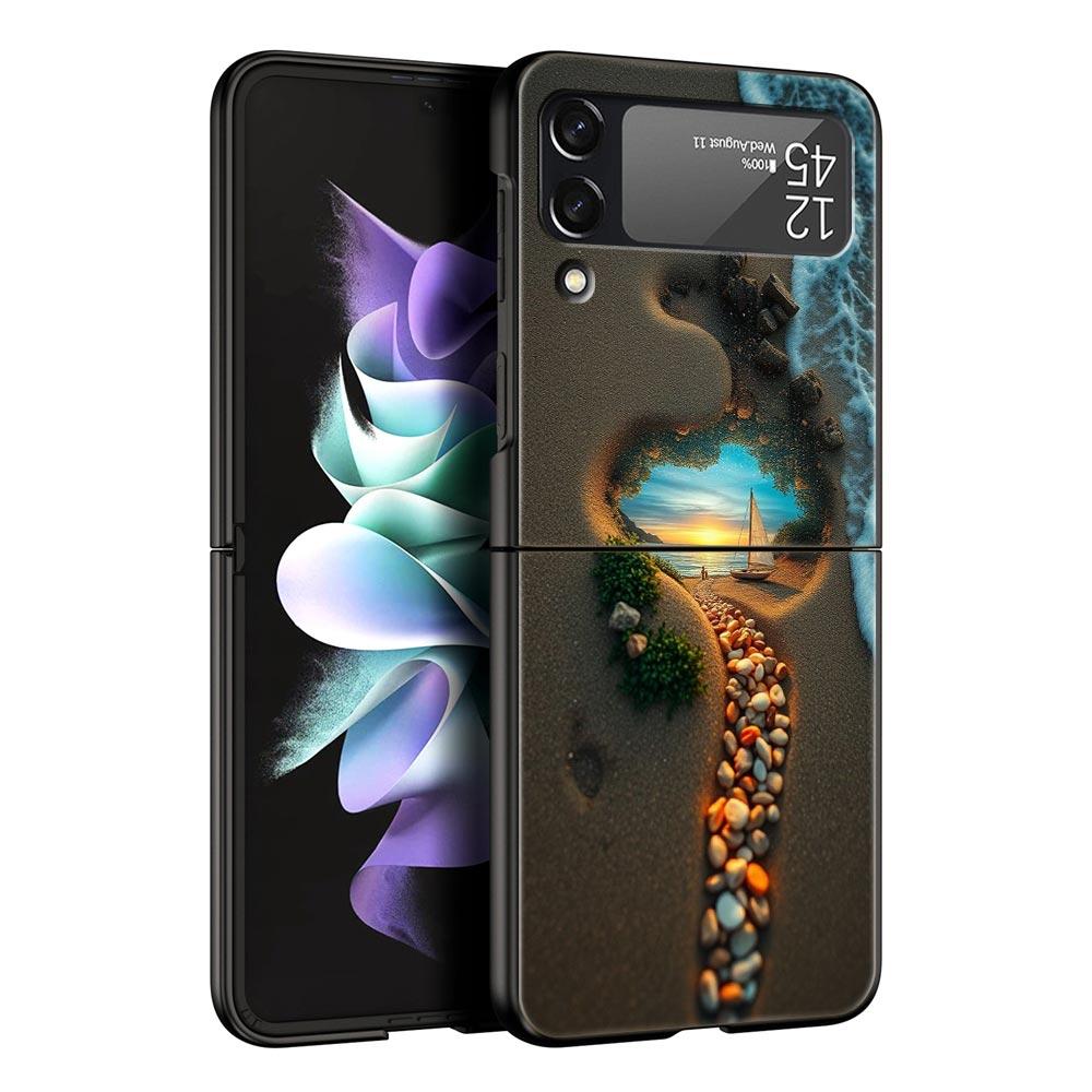 Ocean Coastal Seashell Seaweed Pattern Hard PC Phone Case For Samsung Galaxy Z Flip 7 6 5 4 Black Cover For Galaxy Z Flip3 Shell