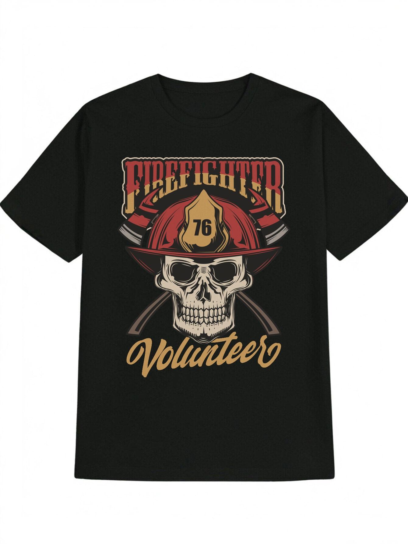 Casual Versatile Round Neck T-shirt with Skull Fire Helmet Print XL