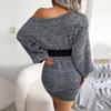 Frauen Herbst Winter Casual Eine Linie Hals Weg Von Der Schulter Bunte Laterne Hülse Gestrickte Pullover Kleid SL