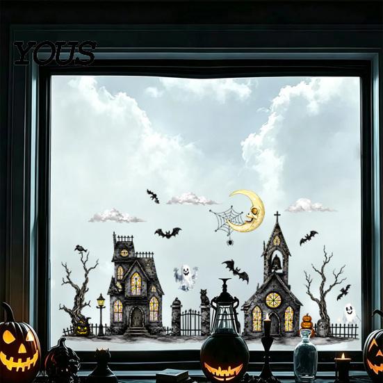 Easy Peel Window Graphics Halloween Spooky Bat Static Clings, Ghost House Glass Stickers, Adhesive-Free Beautification Sets Waterproof Decals for Bar