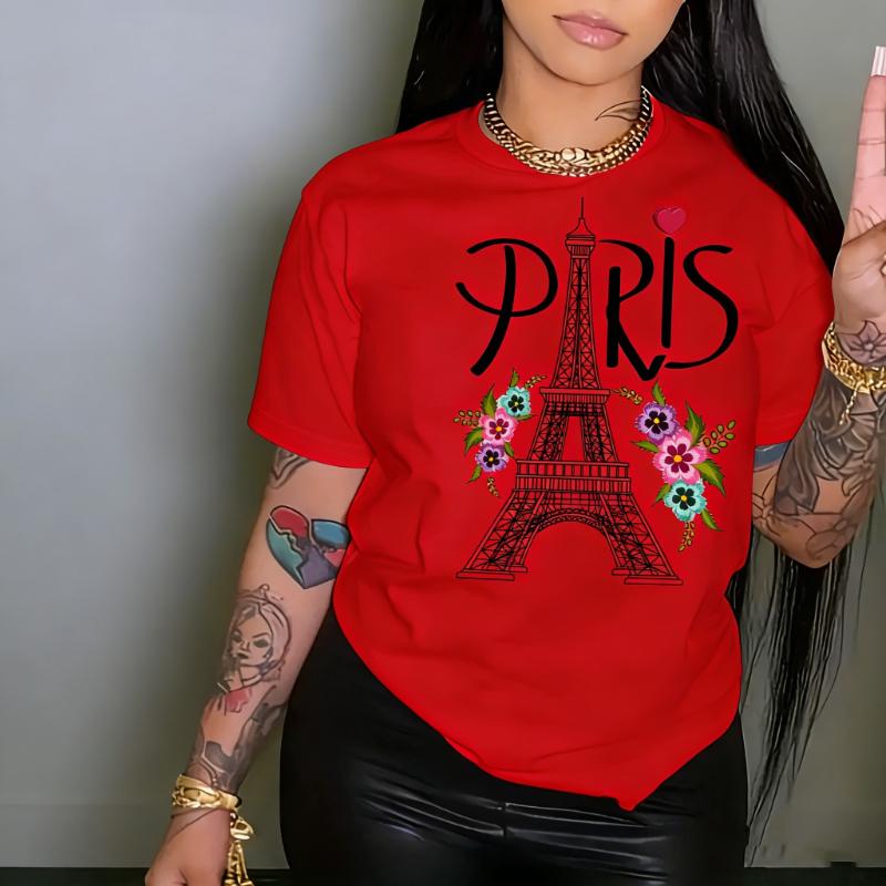 Paris Eiffel Tower Printed Crew Neck Casual TShirt for Summer Spring Women Aesthetic Clothes High Quality Cotton Shortsleev