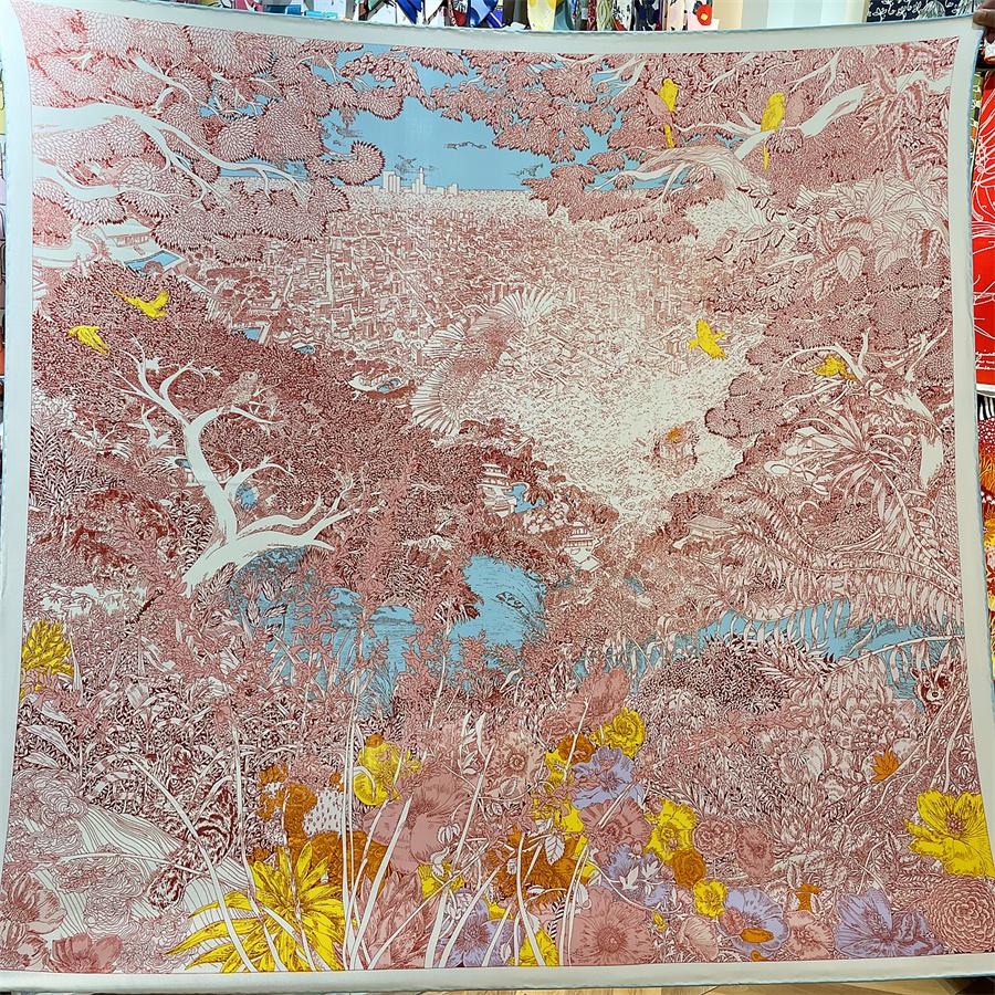 POBING Silk Cashmere Scarf Women Hand Rolled Foreast City Print Square Scarves Wraps Bandana Big Hijabs Female Foulard 135CM