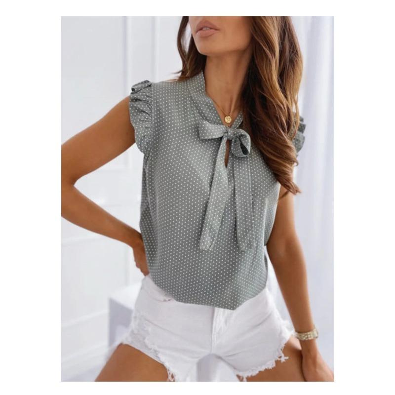 Women Summer Elegant Ruffles Sleeveless Polka Pot Lace Up Tie Bow Blouses Shirts Casual Oversize Sexy Pullover Tunic