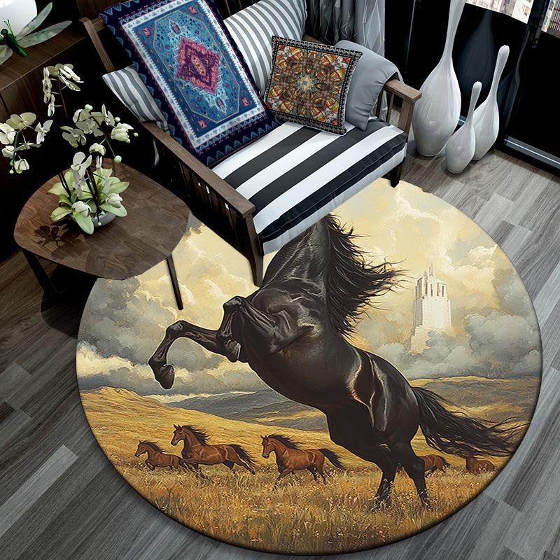 Black Horse Round Area Rug,Carpet Rug for Living Room Bedroom Sofa Playroom Decor,Non-slip Floor Mat