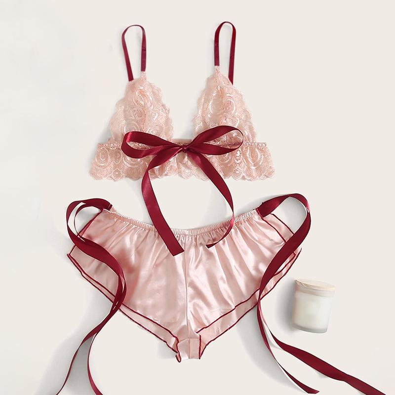 

Women Sleepwear Satin Lace Ruffle Bra Camisole Bow Ribbon Bedroom Pajama Solid Color Night-clothes Summer 2pcs/set 3XL рожевий