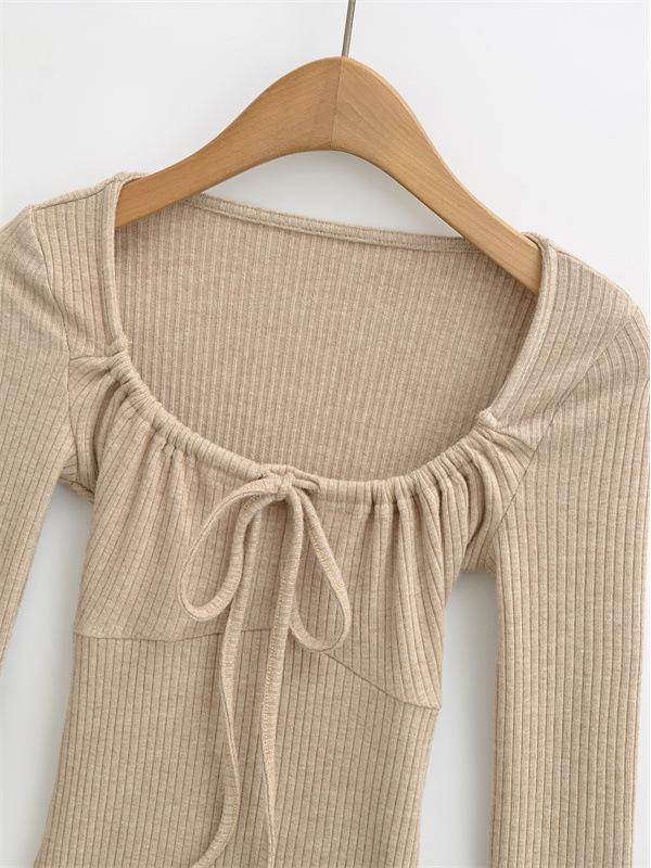 Vintage Square Neck Lace-Up Long Sleeve Shirt - Women's Autumn Inner Wear, Sexy and Chic Top