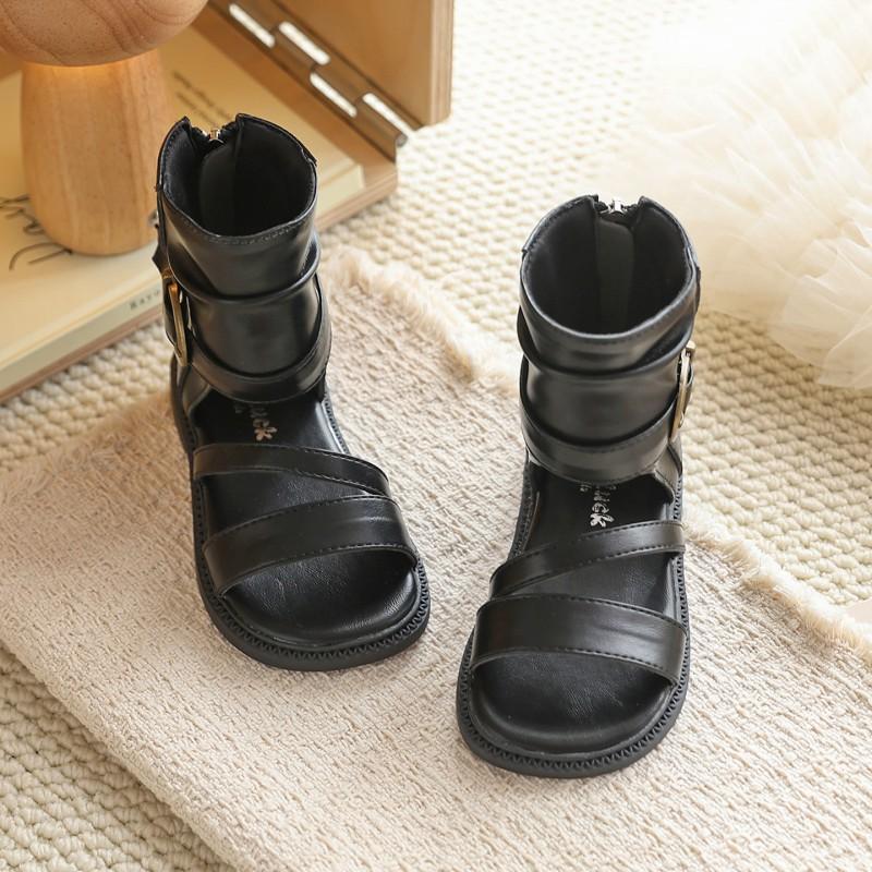 Girls Open Toe High Ankle Sandals Roman Style Princess Shoes Kids Ages 4-12 Rubber Sole Side Zip