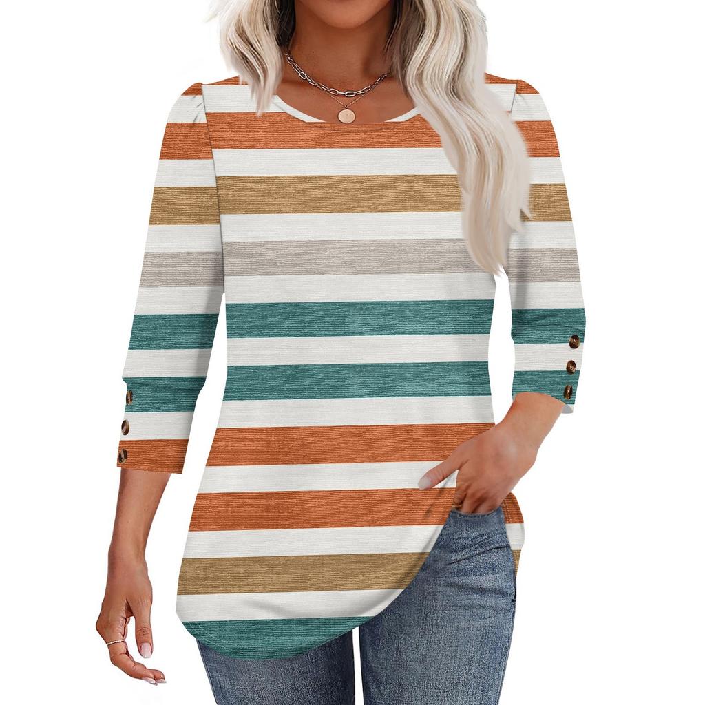 Damenmode Lässiges T-Shirt Top mit Streifenmuster, Rundhalsausschnitt und Sieben-Ärmeln