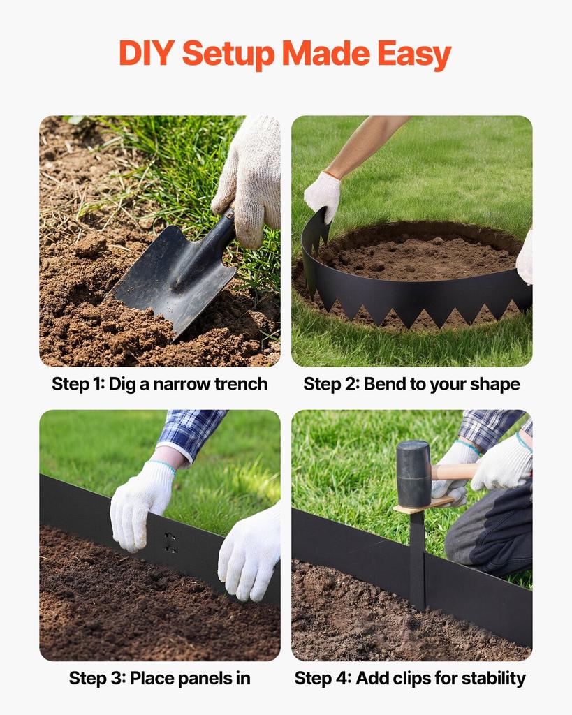 Galvanized Steel Landscape Edging, 6-Pack 1016 x 203 mm Metal Edging for Landscaping with 6 Mounting Clips, Bendable Metal Garden Edge Border for