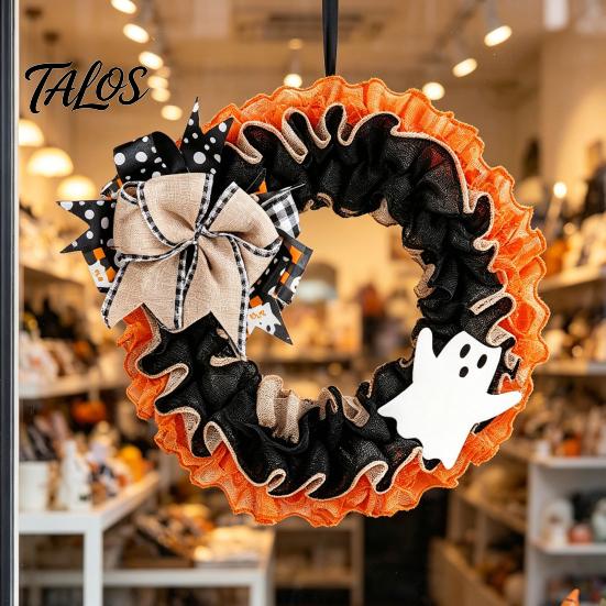 Indoor Halloween Wreath 15 Inch for Front Door, Rustic Ruffle with Shop Window Decor Ghost And Burlap Bow Fireplace Walls Windows Gothic Party