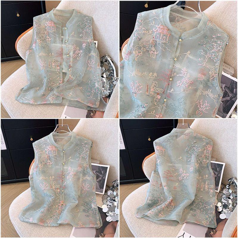 New fashion embroidered vest vest spring and summer top temperament stand-up collar vest