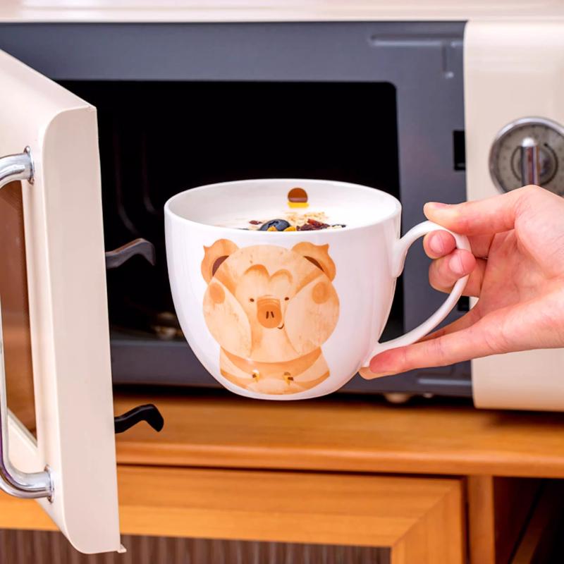 600ml Velkokapacitní keramický hrnek slon s víčkem a lžičkou – Roztomilý zvířecí design Snídaňová miska, Miska na ovesnou kaši, Šálek na kávu