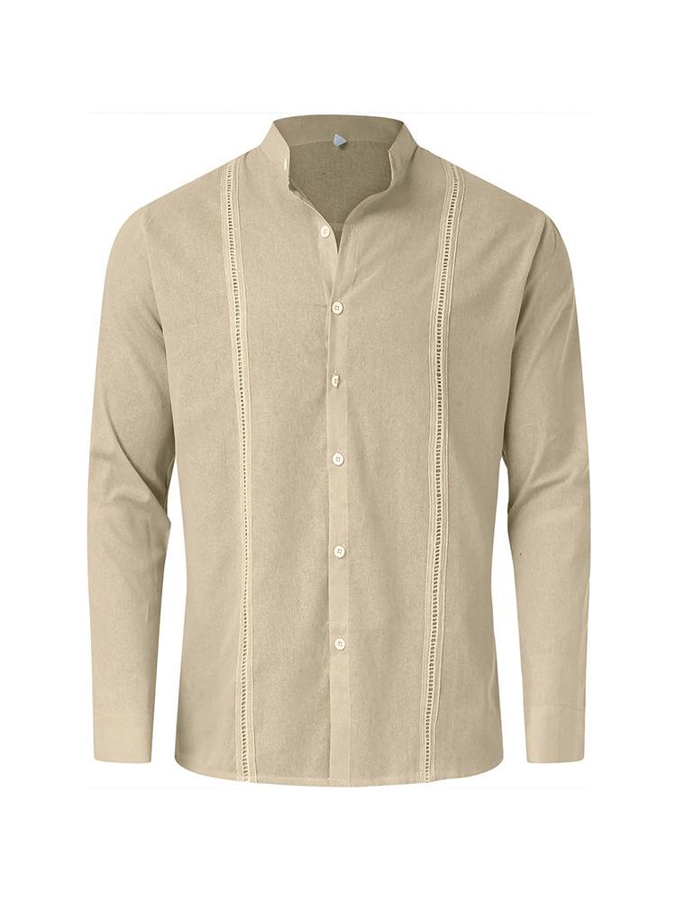 Men's Casual Cotton Linen Stand Collar Shirt - European & American Style for Summer Beach Vacation 2023