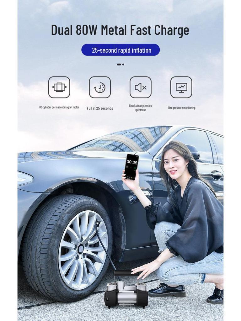 150W Dual Cylinder Car Air Pump - Automatic Stop High-Pressure Inflatable for Tires