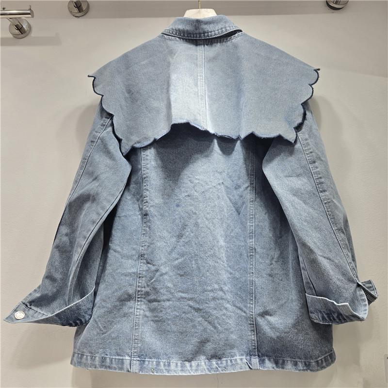 2026 Retro Korean Denim Jacket with Detachable Blue Embroidered Doll Collar Shawl