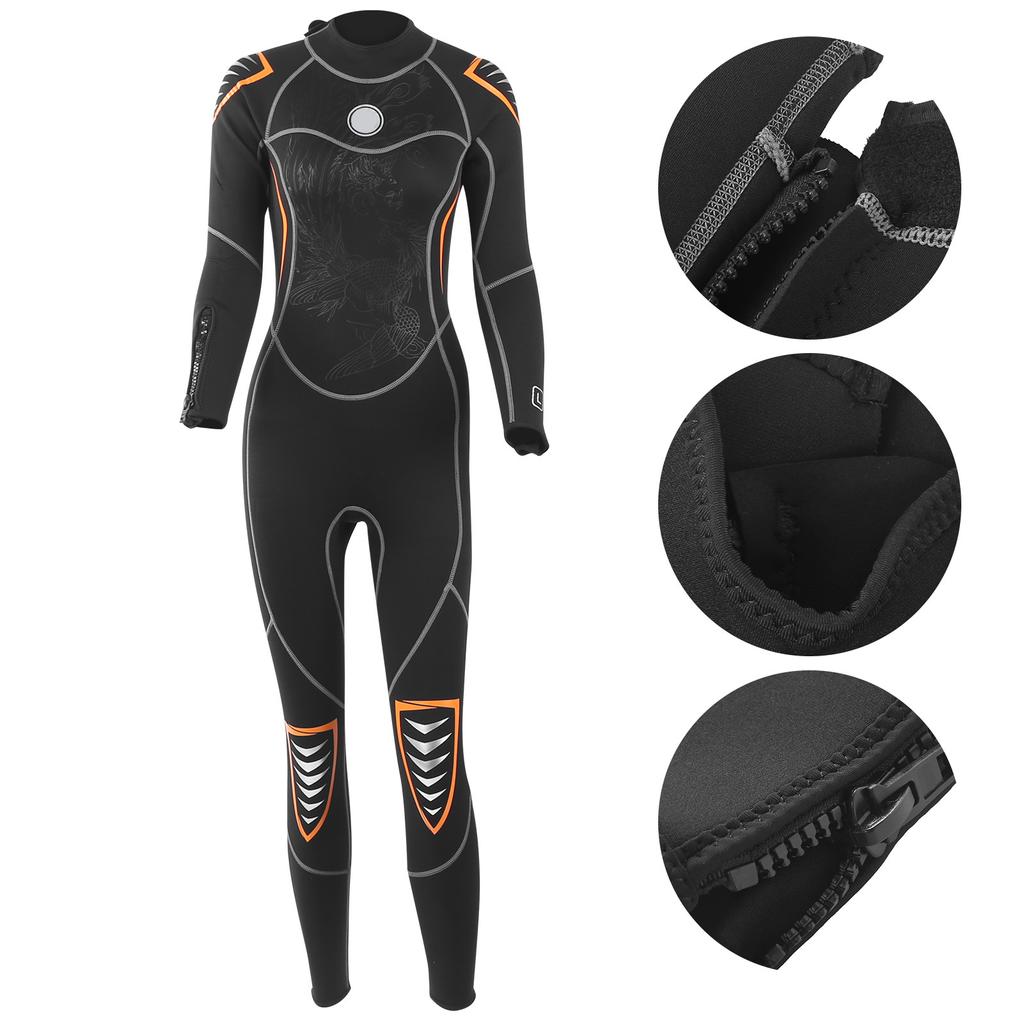 3mm Diving Suit Wetsuit Jumpsuit Long Sleeve Sunscreen Back Zipper Phoenix Pattern L Female