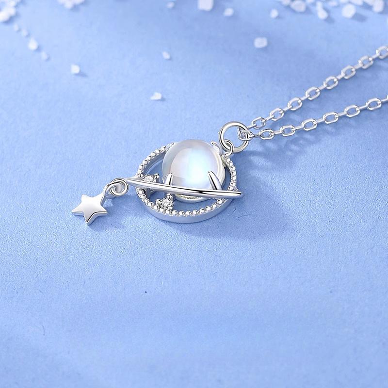 Cosmic Planet Necklace Women's Light Luxury Niche Dream Blue Glazed Stone Clavicle Chain Stainless Steel Shining White Zirconium Necklace
