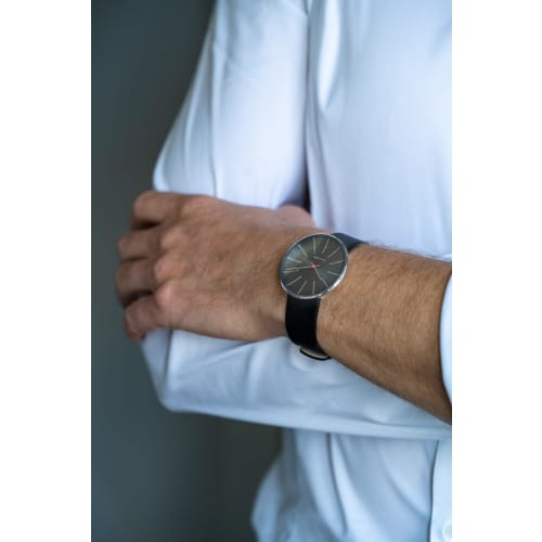 ARNE JACOBSEN BANKERS 53118-2001P Watch, 40mm, Scandinavian Design, Water Resistant (Quiet Design with No Second Hand), Gray with Black Leather Strap
