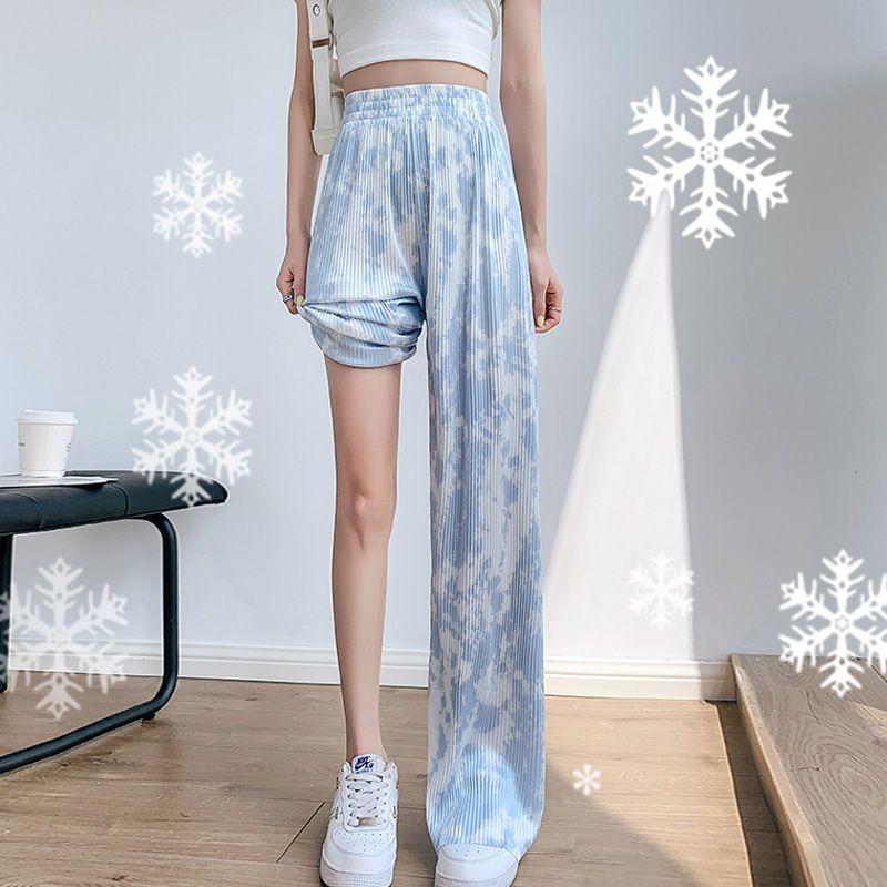Blue Tie Dye Ice Silk Wide Leg Pants for Women Summer Thin High Waist Loose Casual Versatile Floor Wide Leg Pants